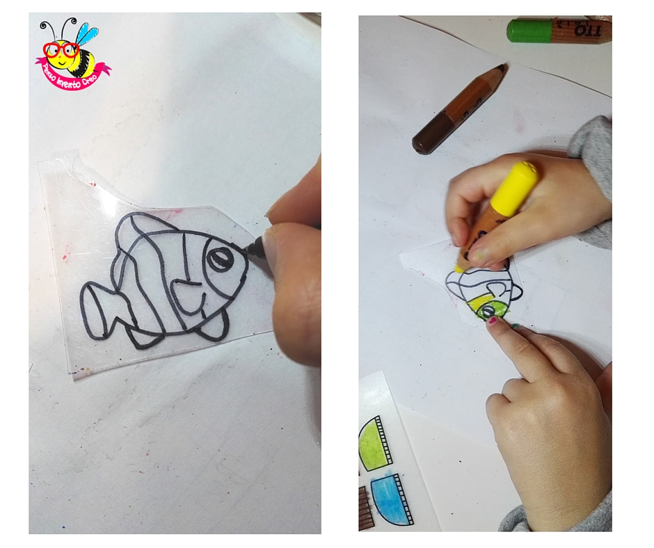 disegnare un pesce su plastica termoretraibile ( polyshrink) e colorare con le matite 