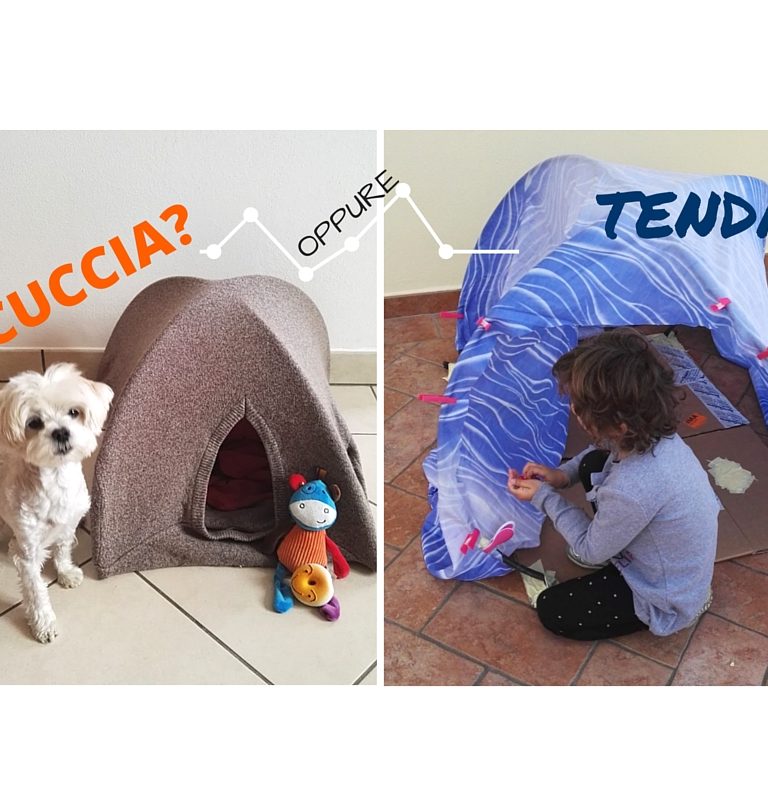 cuccia per cani fatta con un vecchio maglione di lana e dei tubi di plastica, con lo stesso tutorial si crea un tenda per giocare con i bambini
