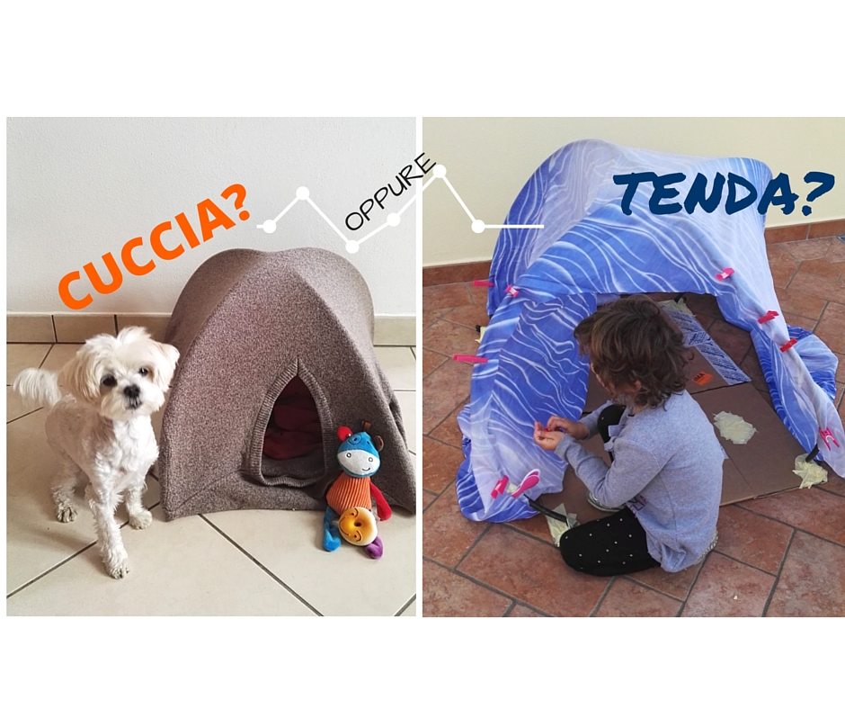 cuccia per cani fatta con un vecchio maglione di lana e dei tubi di plastica, con lo stesso tutorial si crea un tenda per giocare con i bambini