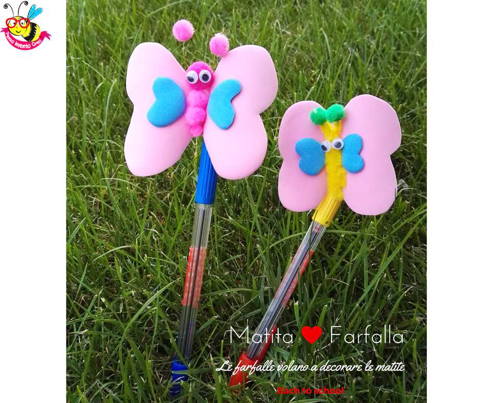farfalla di gomma crepla o fommy con pom pom e occhi ballerini per decorare le matite a scuola